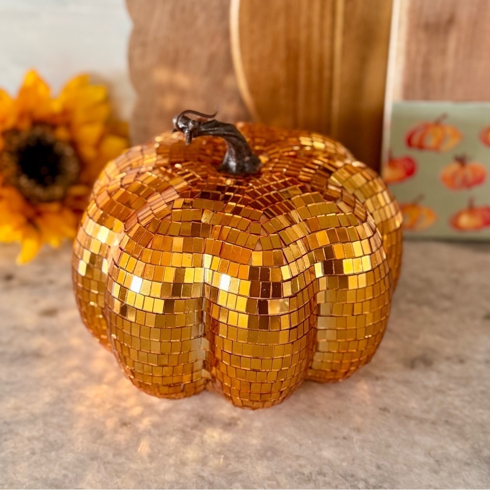 New Halloween Fall Disco Ball Mirrored Orange Sparkle Pumpkin Decor - 7” x 5”